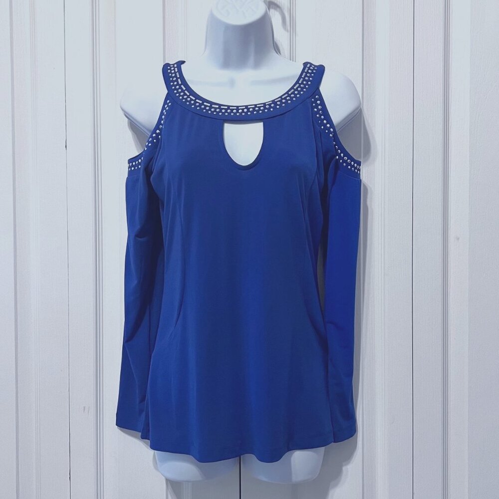 Venus Long Sleeve Cut Out Shoulders-NWB-Studded Small Blouse-Electric Blue-Fancy